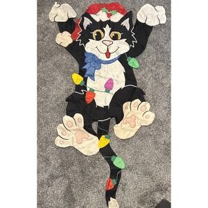 52" Vintage Christmas Kitty Garden Flag Tangled In Christmas Lights